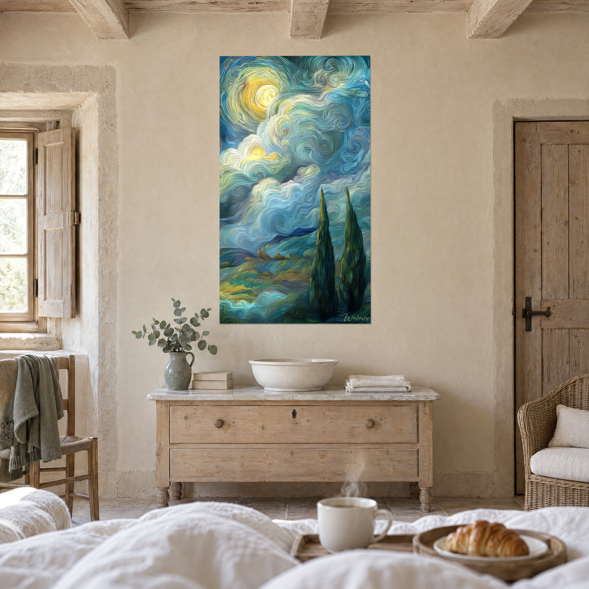 Wall art starry night with ivory and cobalt blue swirls, golden moon, green cypress trees, above a bed in a light bedroom