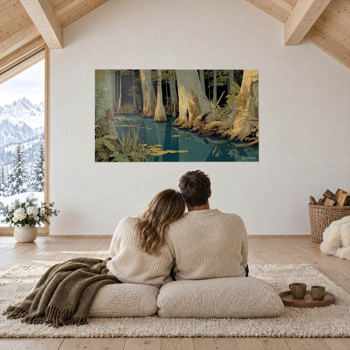 Wall art of a mysterious aquatic undergrowth, golden beige trees reflected in duck-blue water, in a mountain chalet