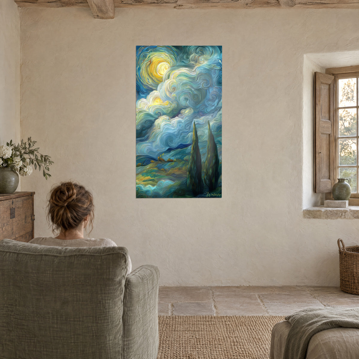 Wall art bright yellow sun in a sky of blue ripples, two slender cypress trees, facing a green armchair in a stone living room
