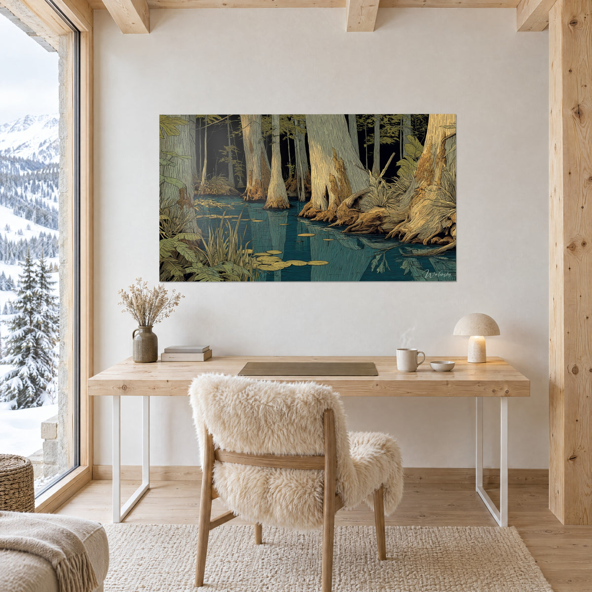 Wall art of a cypress pond with gnarled ochre roots and pale yellow water lilies, facing a light wood desk near a picture window