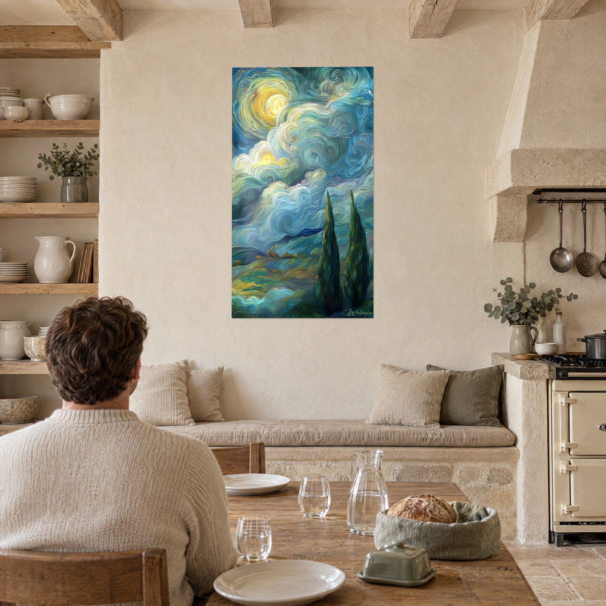 Wall art Provence landscape with ochre and turquoise hills, spiraling sky, in a stone living room with open kitchen
