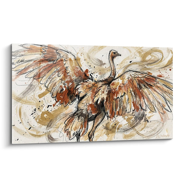 Schilderij Struisvogel met Uitgespreide Vleugels in een Oker- en Bruine Wervelwind - Majestueuze Vlucht - Struisvogel Editie