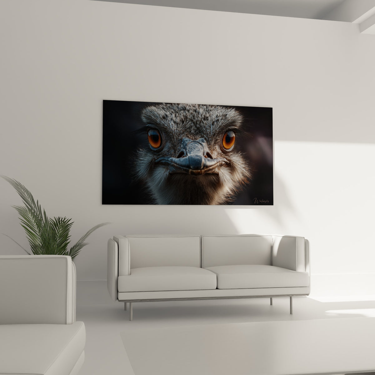 Autruche anthracite au regard ambre perçant, au-dessus d'un canapé dans un salon lumineux