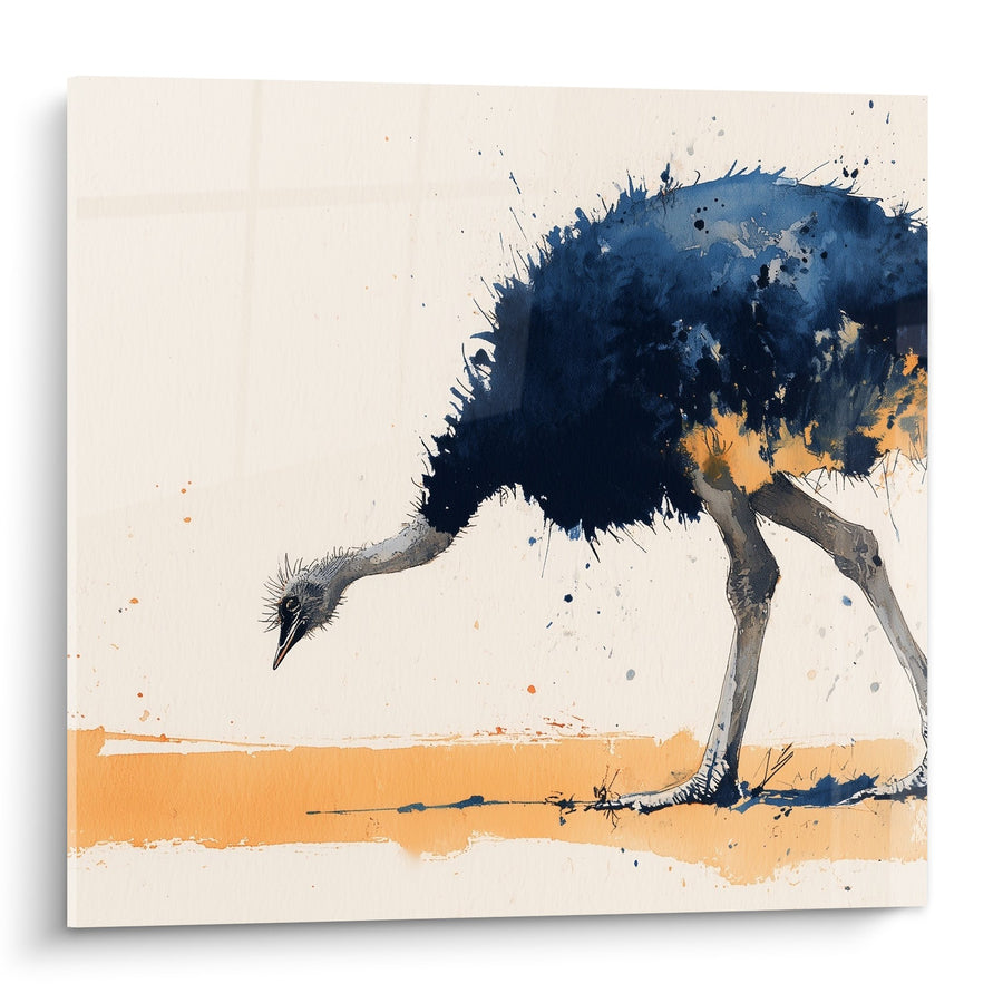 Tableau Autruche Aquarelle Bleu et Orange - Plumage Expressif en Mouvement - Edition Autruche