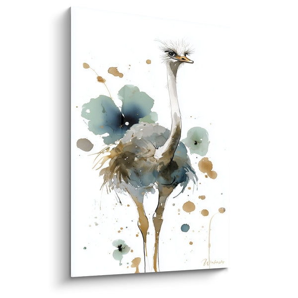 Tableau Autruche Aquarelle Bleu-Vert avec Taches Ocre - Élégance Naturelle - Edition Autruche