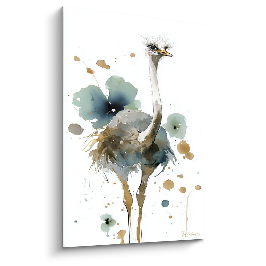Tableau Autruche Aquarelle Bleu-Vert avec Taches Ocre - Élégance Naturelle - Edition Autruche