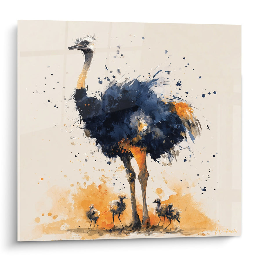 Tableau Autruche Aquarelle Bleue et Orange avec Poussins - Éclats de Tendresse - Edition Autruche