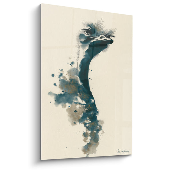 Tafel Portret van een Struts met Blauwe en Oker Tinten met Aquarel Spatten - Doordringende Blik - Editie Struis