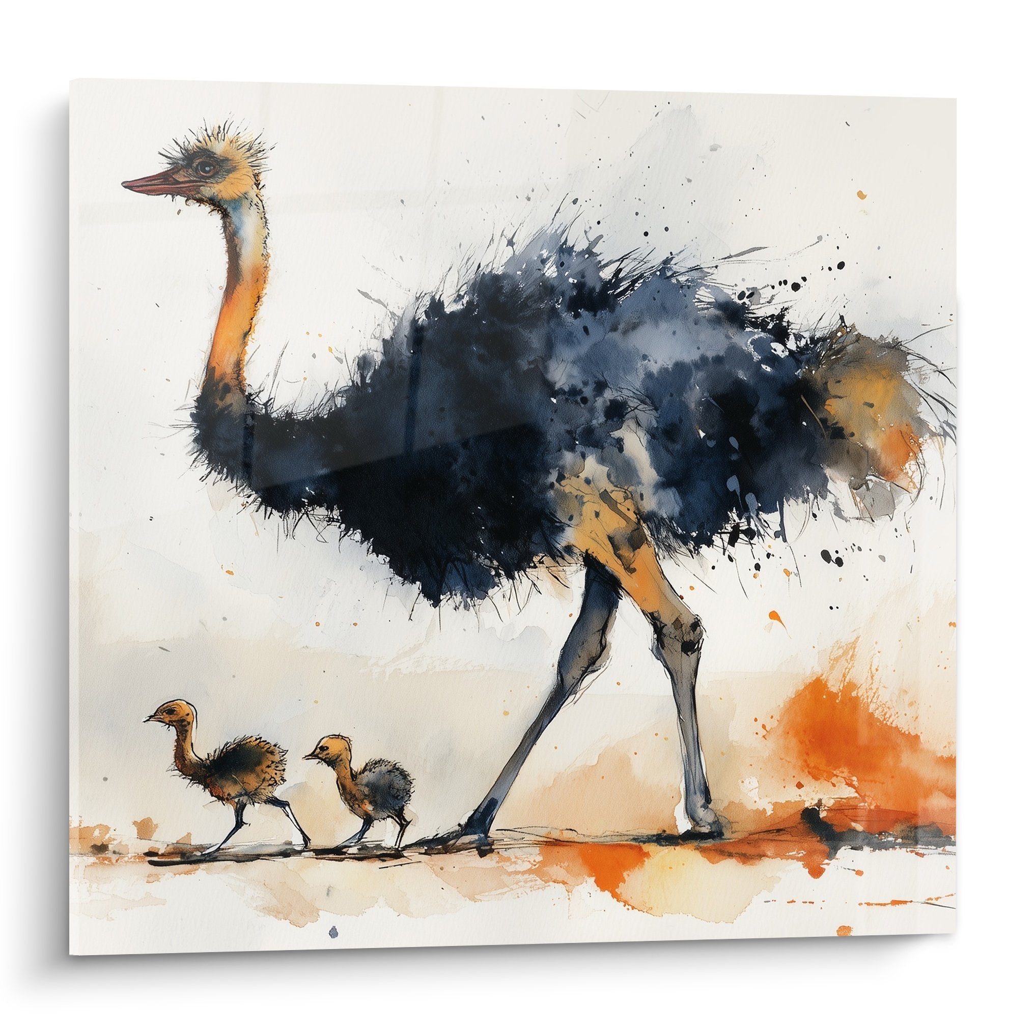 Tableau aquarelle autruche grise et orange avec deux poussins, technique éclaboussures sur fond blanc