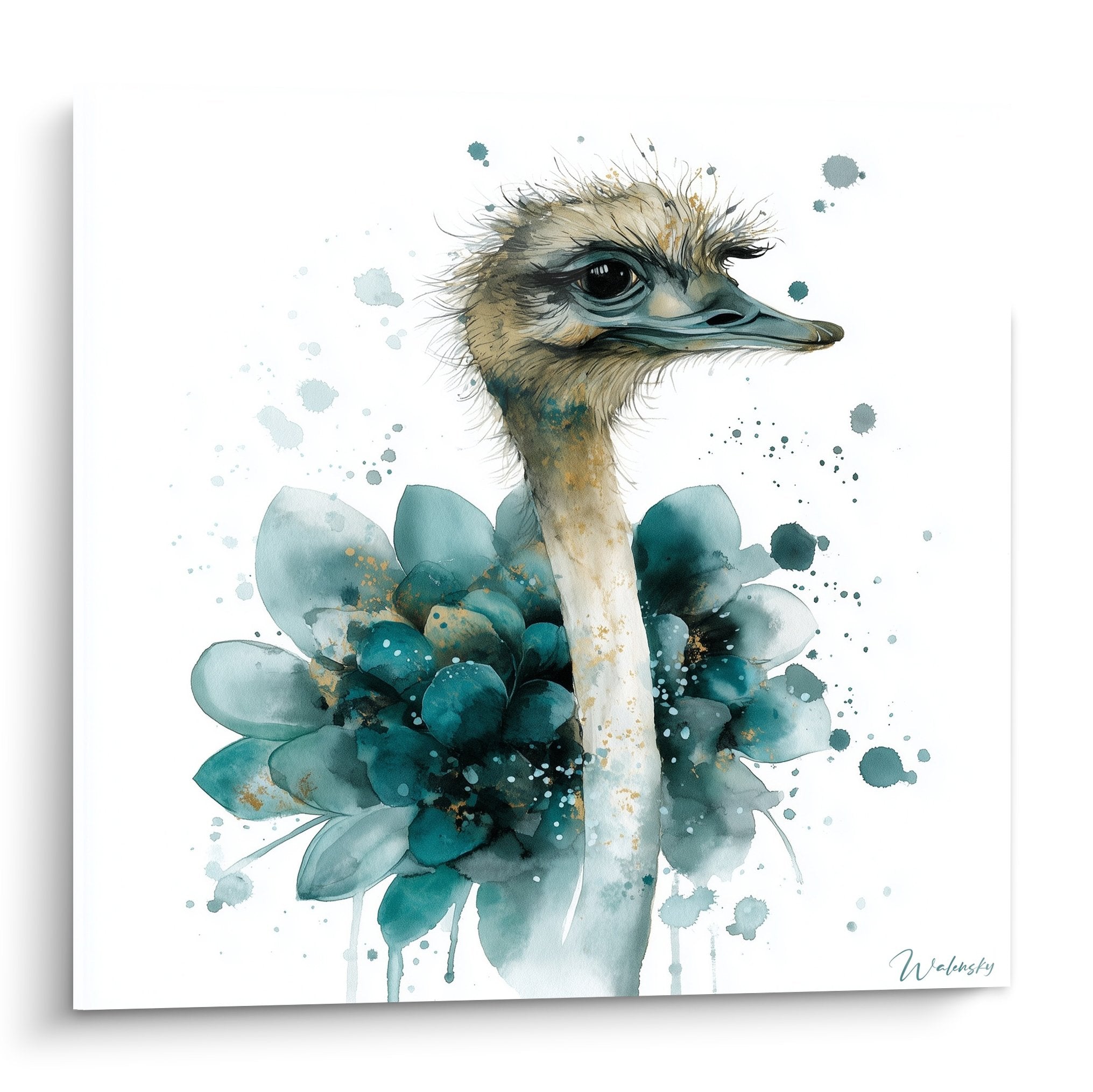 Tableau autruche aquarelle teal avec fleur turquoise et éclaboussures artistiques sur fond blanc