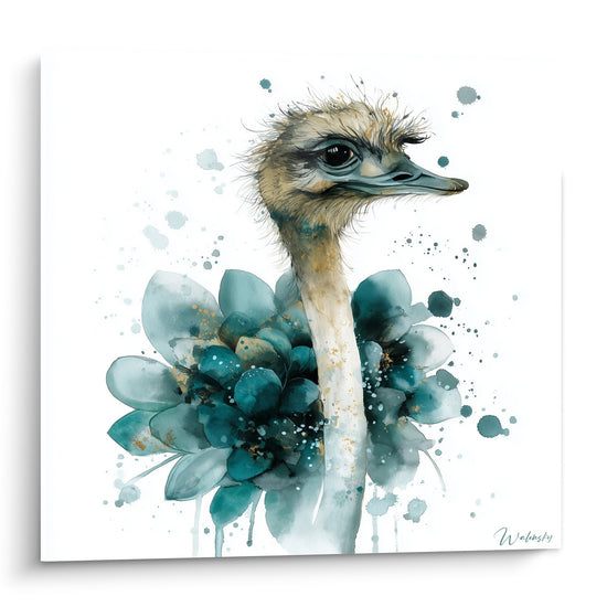 Struisvogel Aquarel Teal en Turkooizen Bloem - Wilde Elegantie - Struisvogel Editie