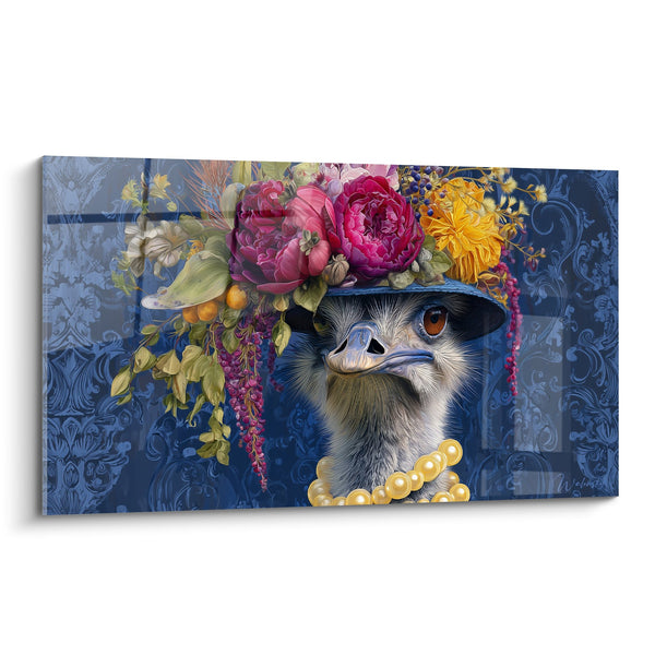 Aristocratic Ostrich Tableau with Colorful Flowers and Ornate Hat - Elegant Portrait - Ostrich Edition