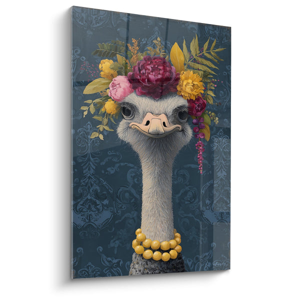 Aristocratic Ostrich Wall Art with Floral Crown on Ornate Blue Background - Baroque Majesty - Ostrich Edition