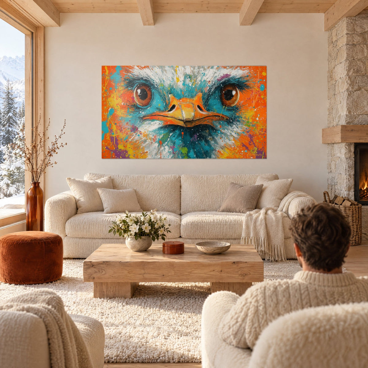 Schilderij struisvogel met barnsteenkleurige ogen omcirkeld met turquoise, oranje snavel, bespatte achtergrond, twee personen van achteren boven een bank in een lichte woonkamer