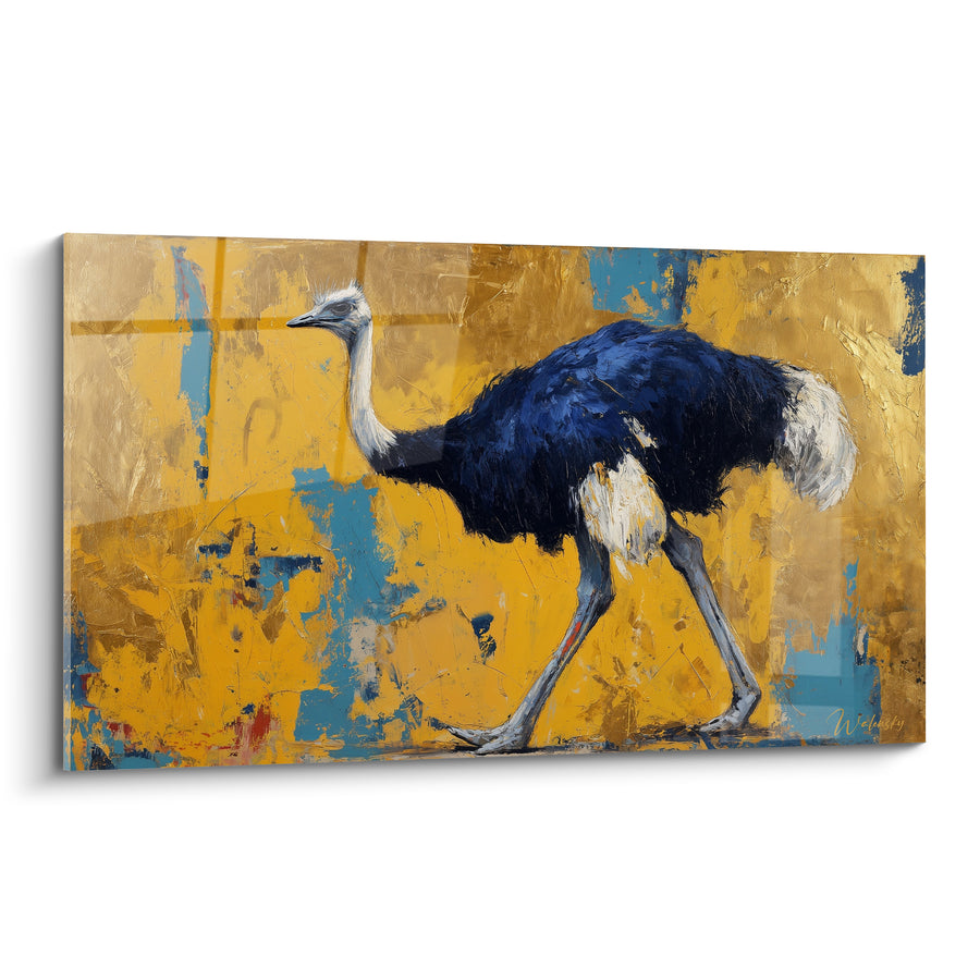 Tableau Autruche bleu marine et jaune ocre en marche - Traversée dorée - Edition Autruche