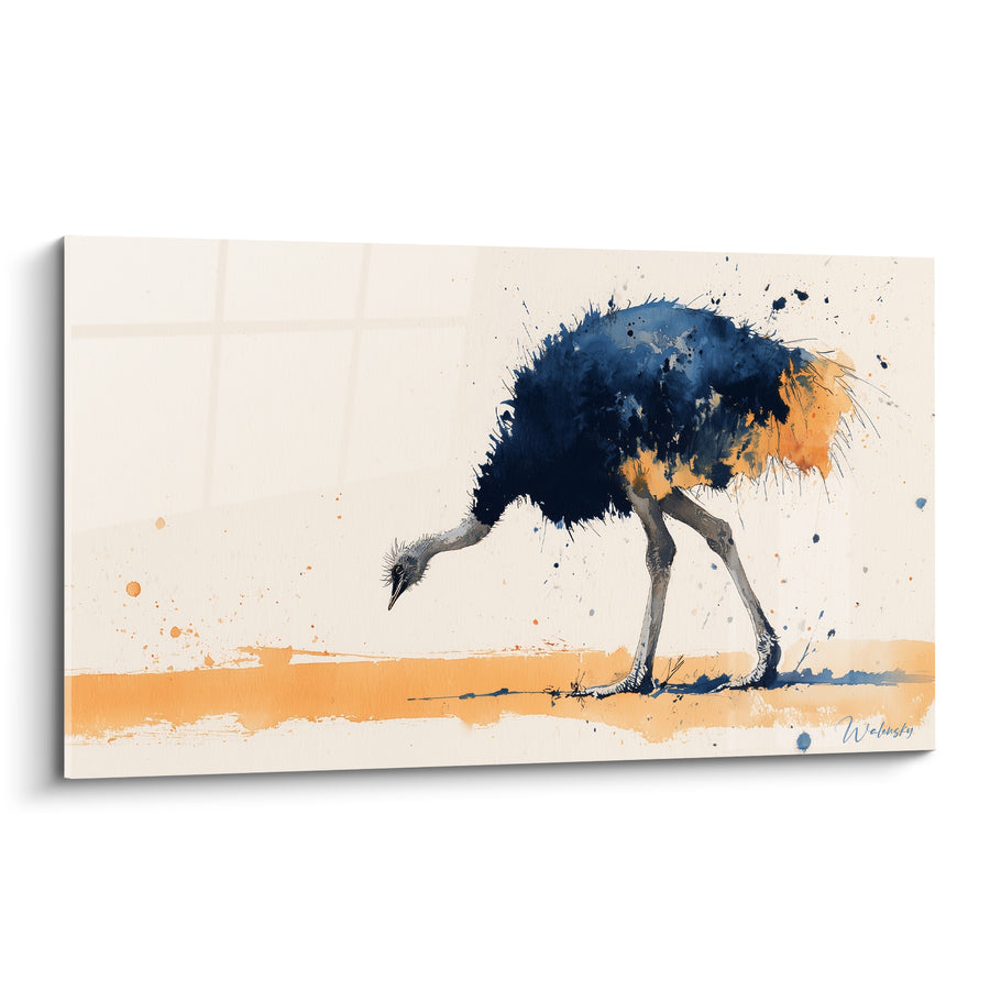 Tableau Autruche penchée en aquarelle bleu marine et ocre - Instant du désert - Edition Autruche