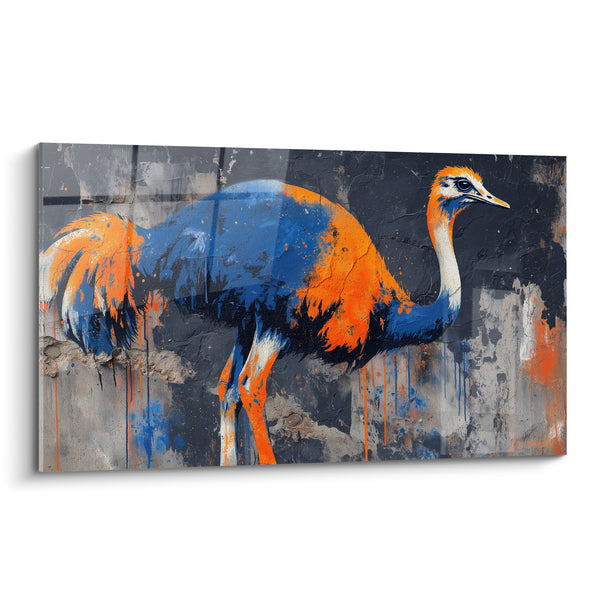 Tableau Autruche bleu marine et orange fauve - Fresque murale sauvage - Edition Autruche