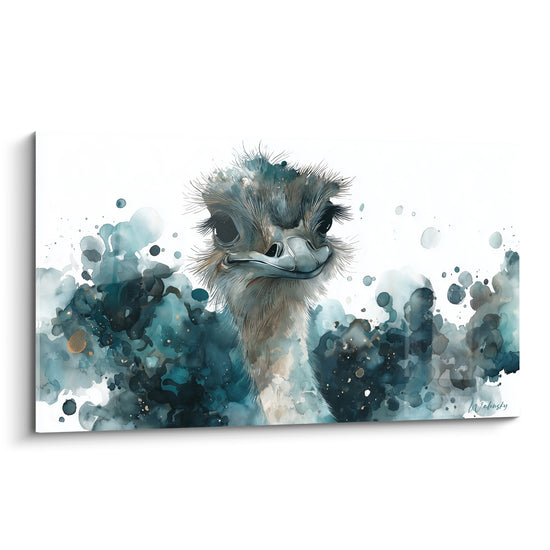 Tableau Autruche curieuse aux teintes bleu pétrole et beige - Curiosité espiègle - Edition Autruche