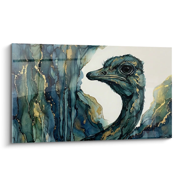 Blauwgroen en Goud Abstract Vloeiend Struisvogel Schilderij - Doordringende Blik - Struisvogel Editie
