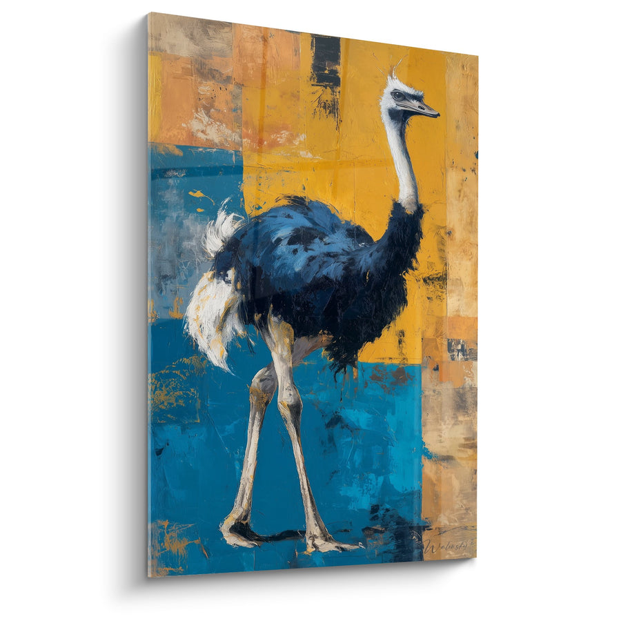 Tableau Autruche Bleue et Jaune sur Fond Abstrait Contemporain - Éclat Sauvage - Edition Autruche