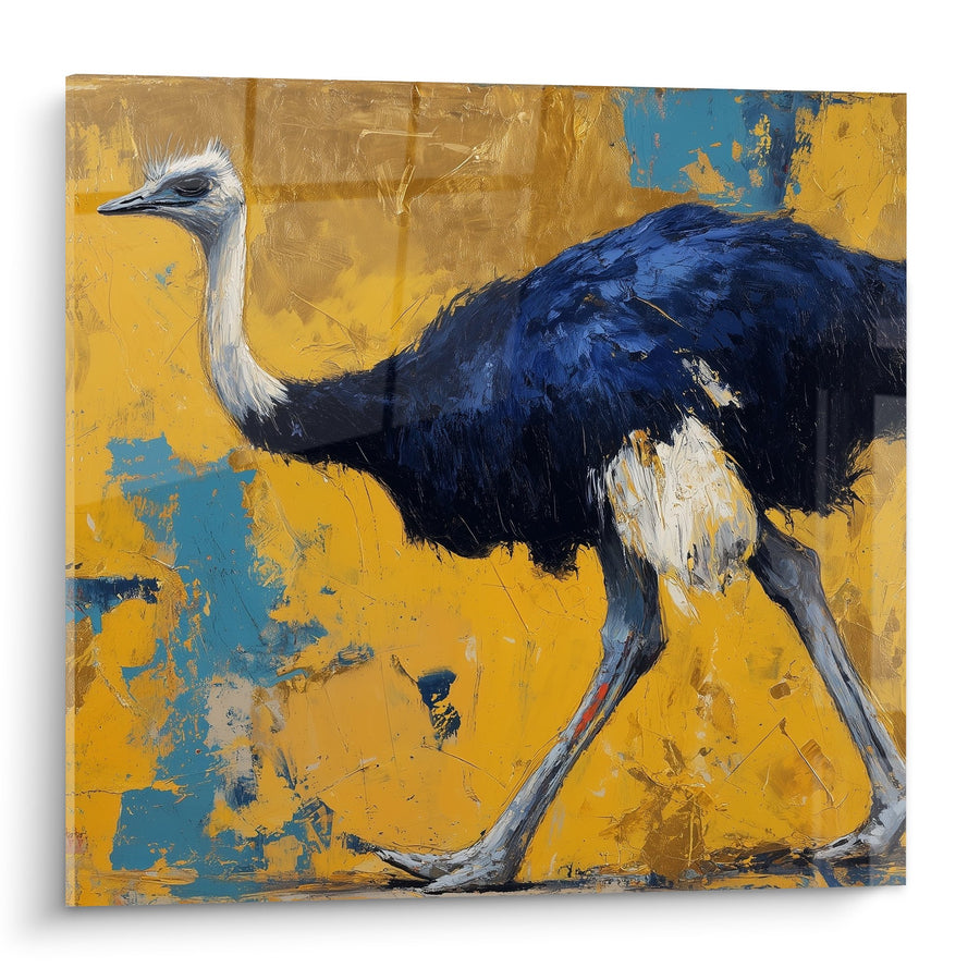 Tableau Autruche Bleue sur Fond Ocre Expressionniste - Majesté Sauvage - Edition Autruche