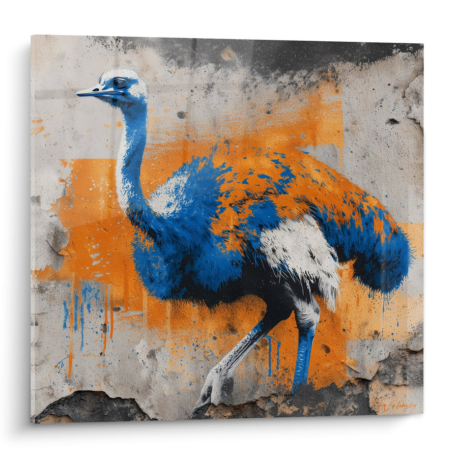 Tableau Autruche Bleue et Orange sur Fond Texturé - Art Urbain Contemporain - Edition Autruche
