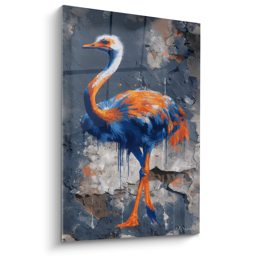 Tableau Autruche Bleue et Orange sur Fond Grunge - Éclat Urbain - Edition Autruche