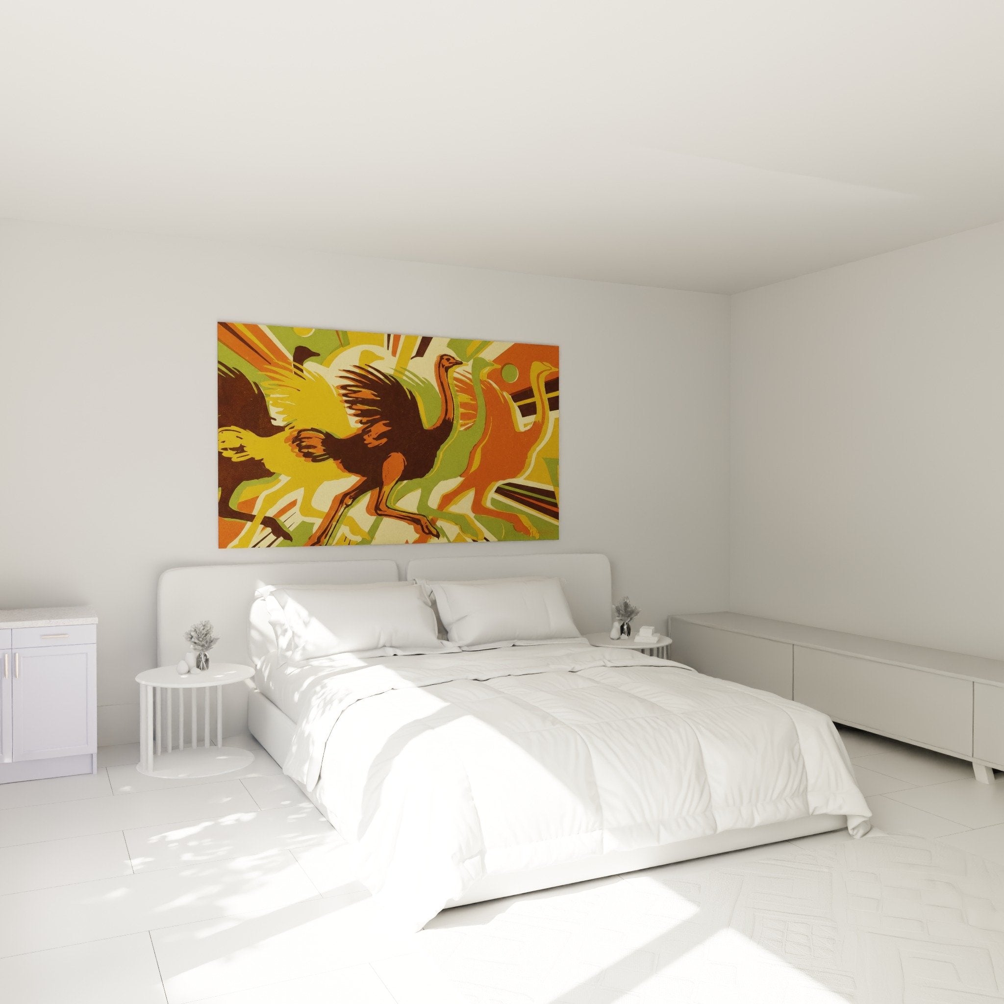 Tableau autruche artistique dans chambre moderne murs clairs décoration contemporaine couleurs vives