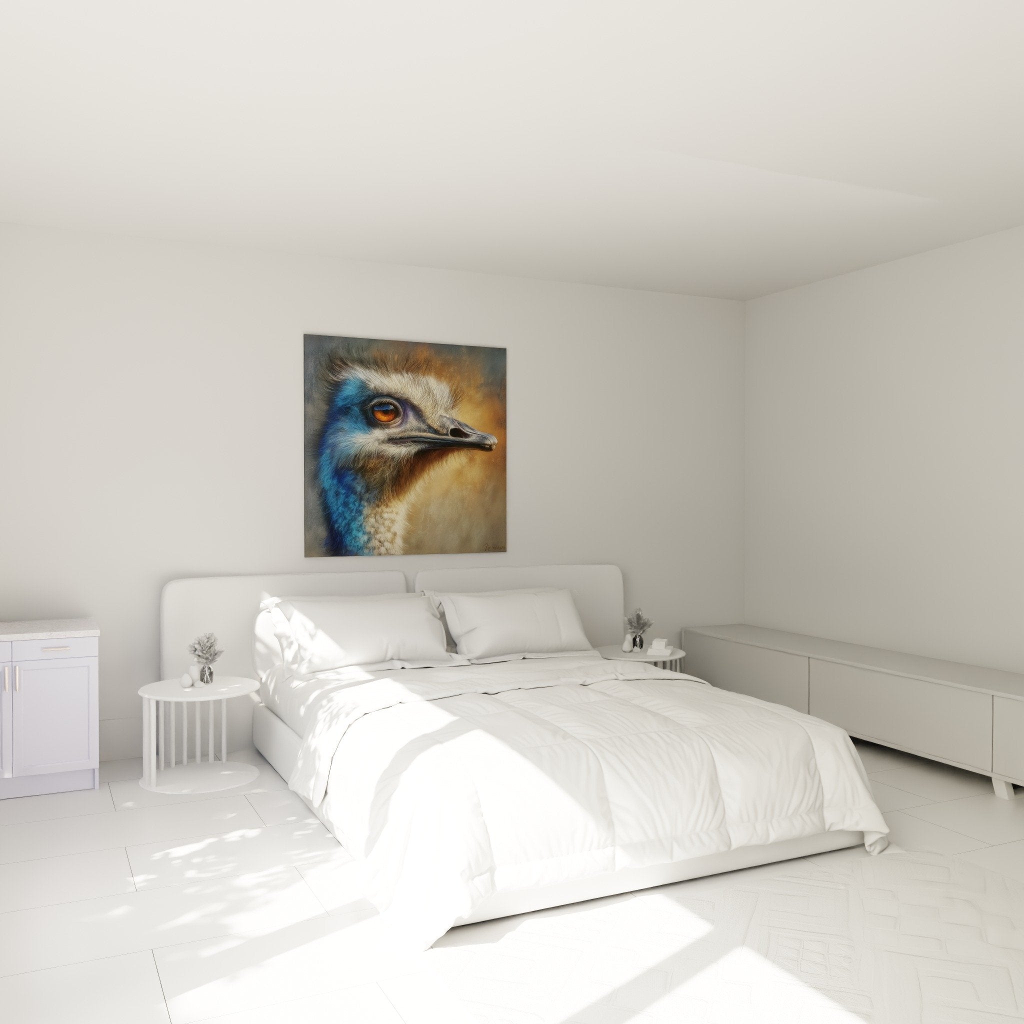 ostrich portrait expressive painting bedroom wall decor natural ambiance orange eye grey plumage