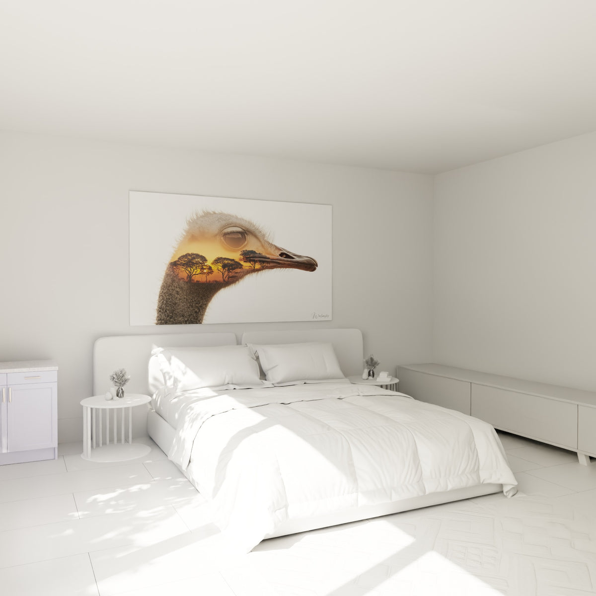 Silhouette d'autruche mêlant gris beige et coucher de soleil ocre, accrochée au-dessus d'un lit dans une chambre claire