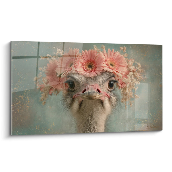 Quadro Struzzo Incoronato di Fiori Rosa e Bianchi su Sfondo Pastello - Sguardo Tenero - Edizione Struzzo