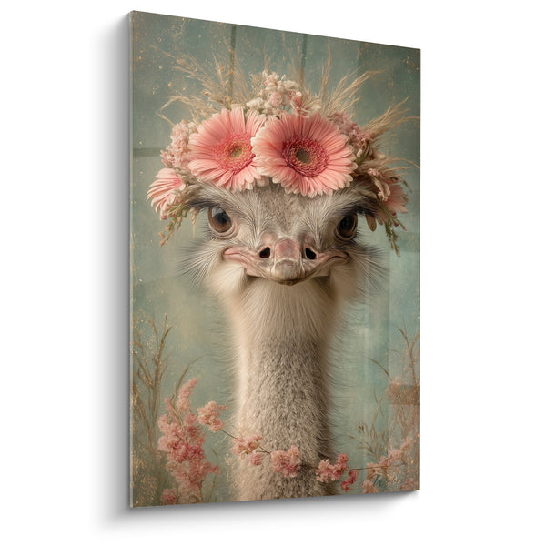 Schilderij Struisvogel Gekroond met Roze en Gerbera's - Poëtret Portret - Editie Struisvogel