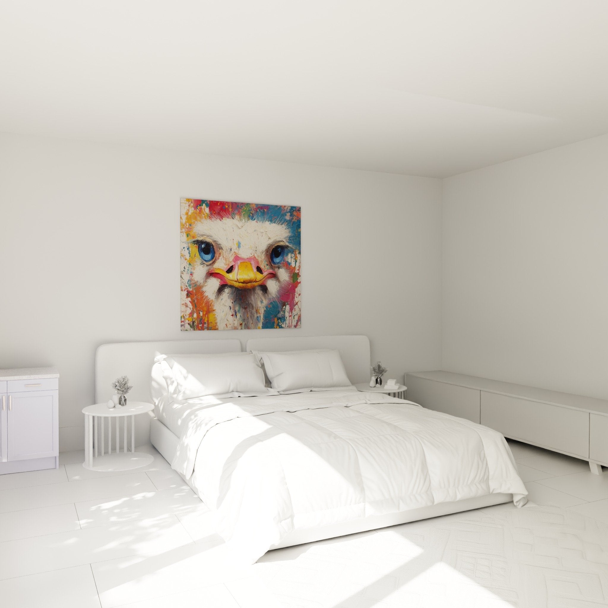 Tableau autruche art contemporain yeux bleus dans chambre moderne decoration murale coloree