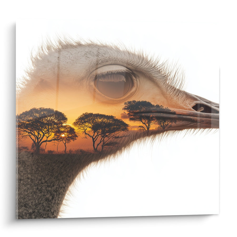 Tableau Double Exposition Tête d'Autruche et Savane Dorée - Fusion Artistique - Edition Autruche