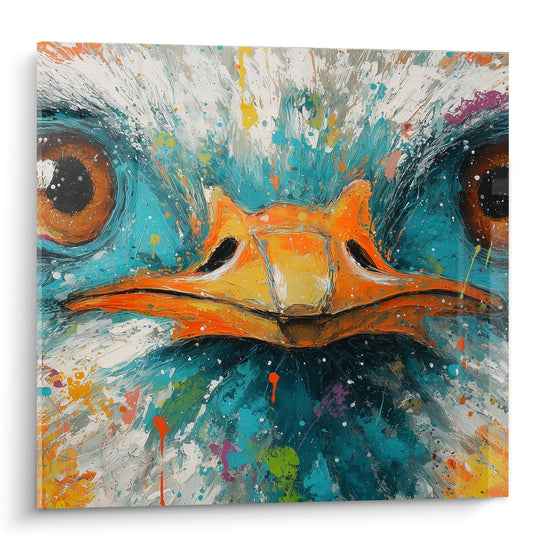 Schilderij Struisvogelkop Blauwe en Oranje Spetters - Doordringende Blik - Struisvogel Editie