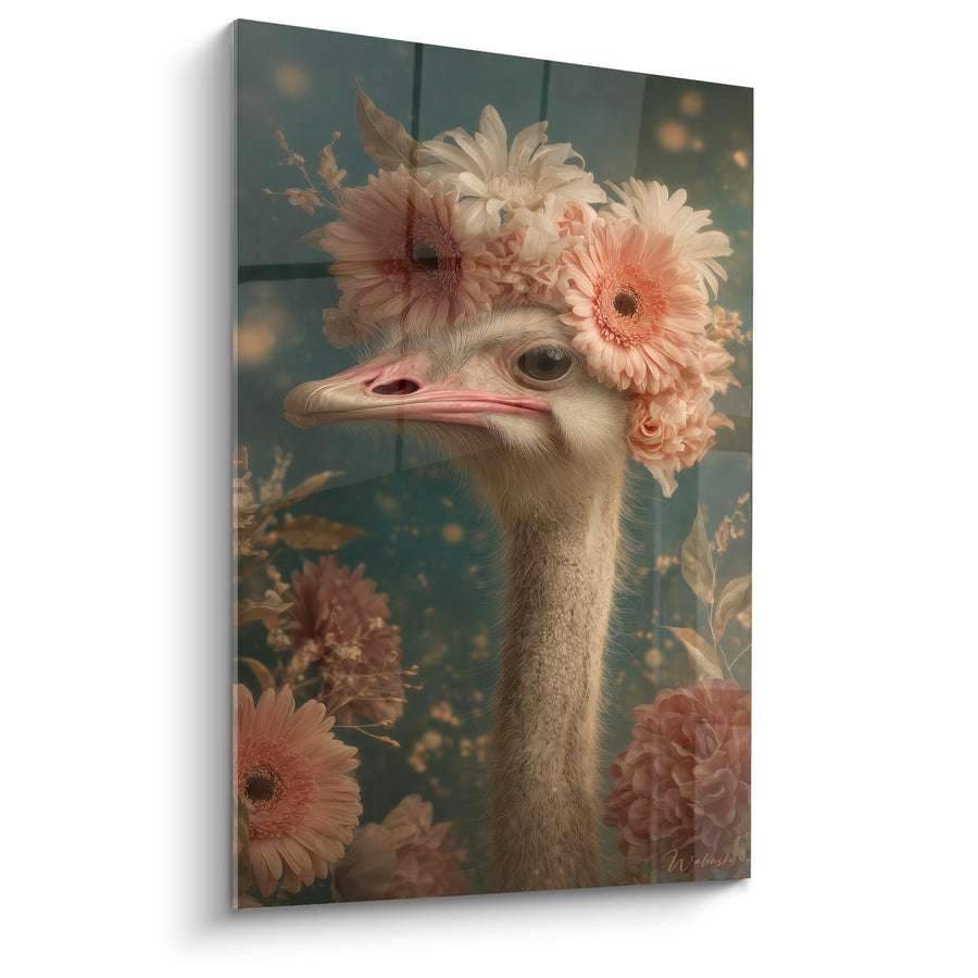 Tableau Autruche Élégante aux Fleurs Corail et Crème - Portrait Fleuri - Edition Autruche