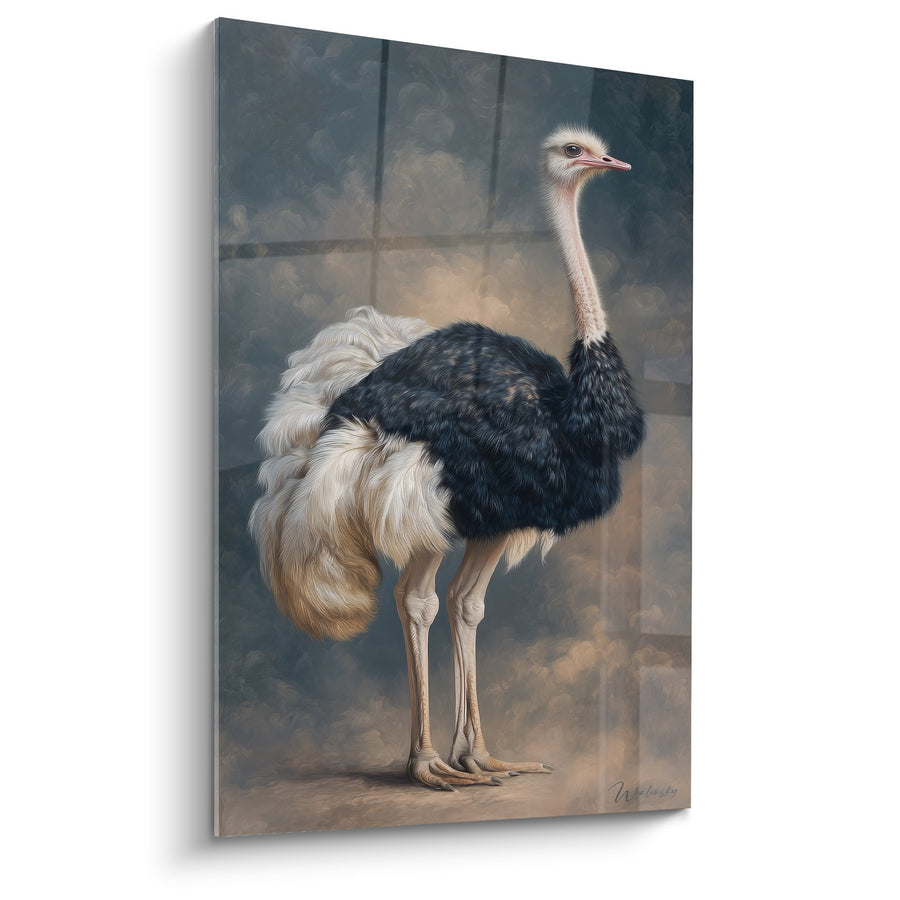 Tableau Autruche Élégante aux Plumes Noires et Beiges sur Fond Atmosphérique - Majesté Sauvage - Edition Autruche