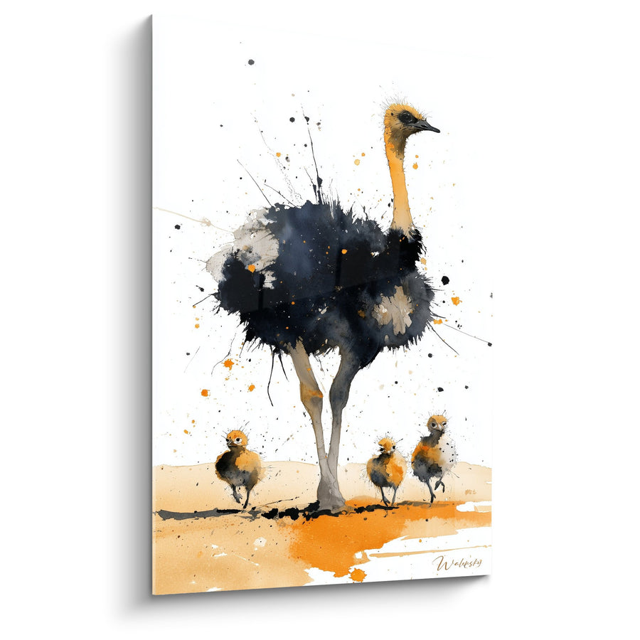 Tableau Autruche et ses Petits Aquarelle Éclaboussures - Tendresse Sauvage - Edition Autruche