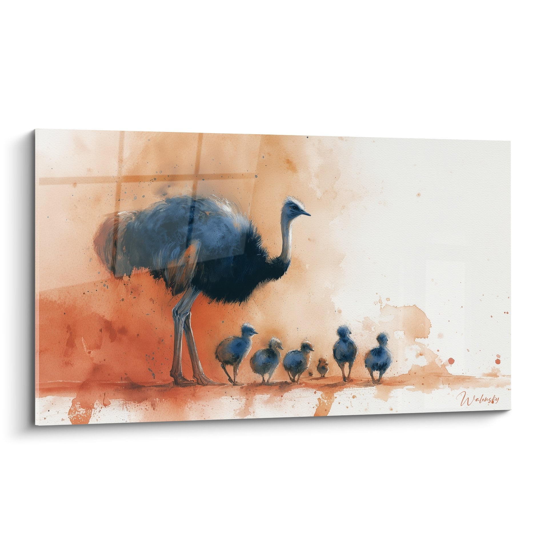 Tableau aquarelle autruche mère avec poussins tons orangés et bleus style artistique famille