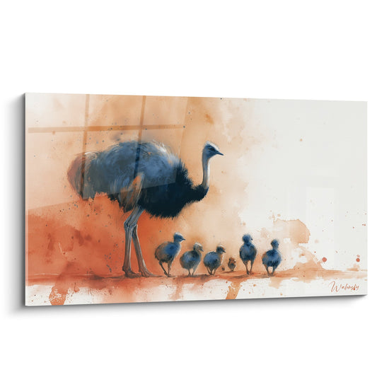 Schilderij Moederstruisvogel met Haar Kuikens op Oranje Achtergrond - Familieknuffel - Editie Struisvogel