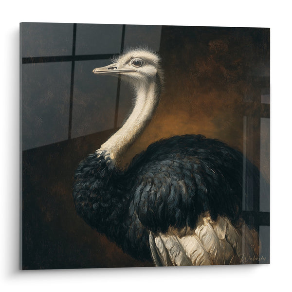 Schilderij Majestueuze Struisvogel met Zwarte Pluimen en Beige Hals in Donker Interieur - Nobiel Portret - Struisvogeleditie