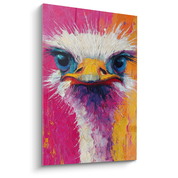Cuadro de Avestruz con Colores Explosivos Rosa Magenta y Naranja - Mirada Penetrante - Edición Avestruz