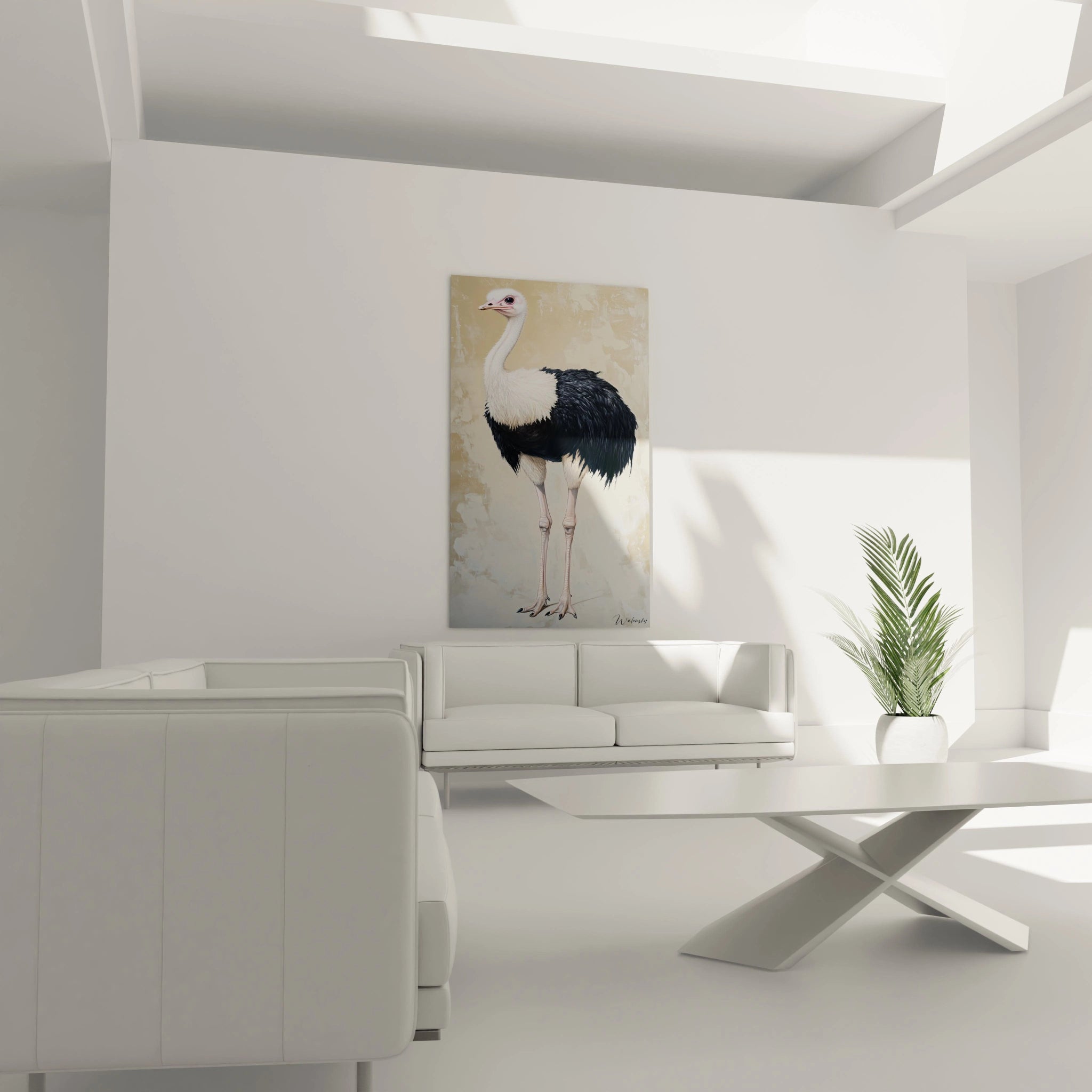 Un tableau artistique abstrait d'une autruche majestueuse au plumage bicolore, capturant le contraste saisissant entre son cou blanc duveteux et son corps aux plumes noires lustrées, sur fond beige patiné.
