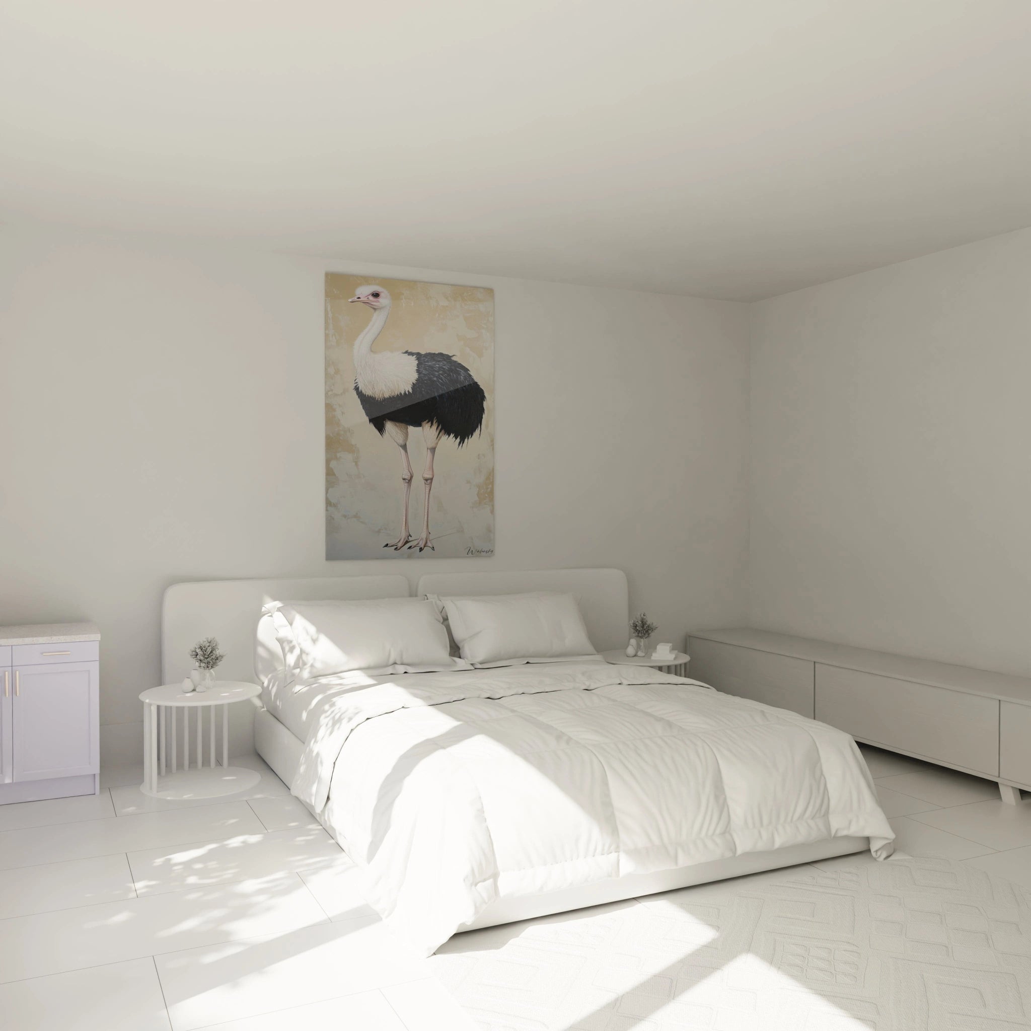 Un tableau artistique abstrait montrant une autruche élégante en position debout, corps noir et cou blanc, avec des détails réalistes des plumes et des pattes fines rosées, sur un arrière-plan beige texturé.
