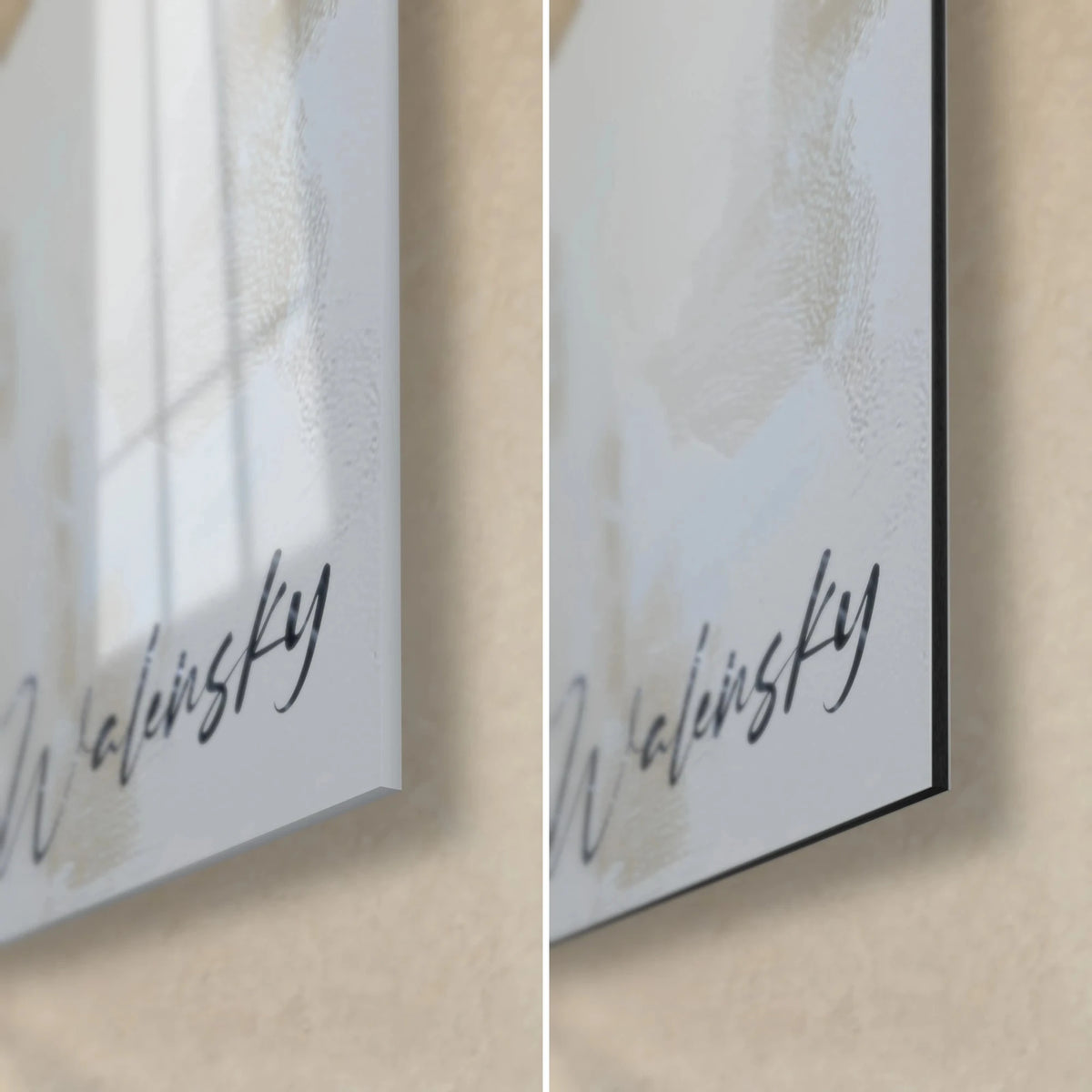 Wall art ostrich signed Walensky, bottom right corner: glossy acrylic glass on the left, matte black Dibond on the right, 3 mm edge