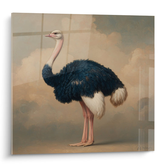 Schilderij Struisvogel Zwart-wit Lange Roze Nek Klassieke Sfeer - Natuurlijke Elegantie - Struisvogel Editie