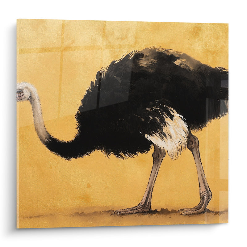 Quadro Struzzo Bianco e Nero su Sfondo Dorato - Eleganza Selvaggia - Edizione Struzzo