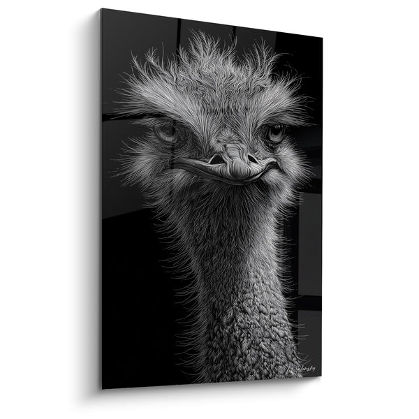 Monochrome Ostrich Artwork with Ruffled Plumage and Intense Expression - Wild Character - Ostrich Edition