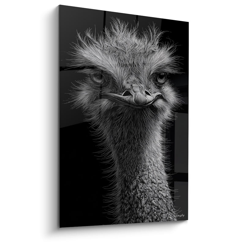 Tableau Autruche Monochrome au Plumage Hérissé et Expression Intense - Caractère Sauvage - Edition Autruche