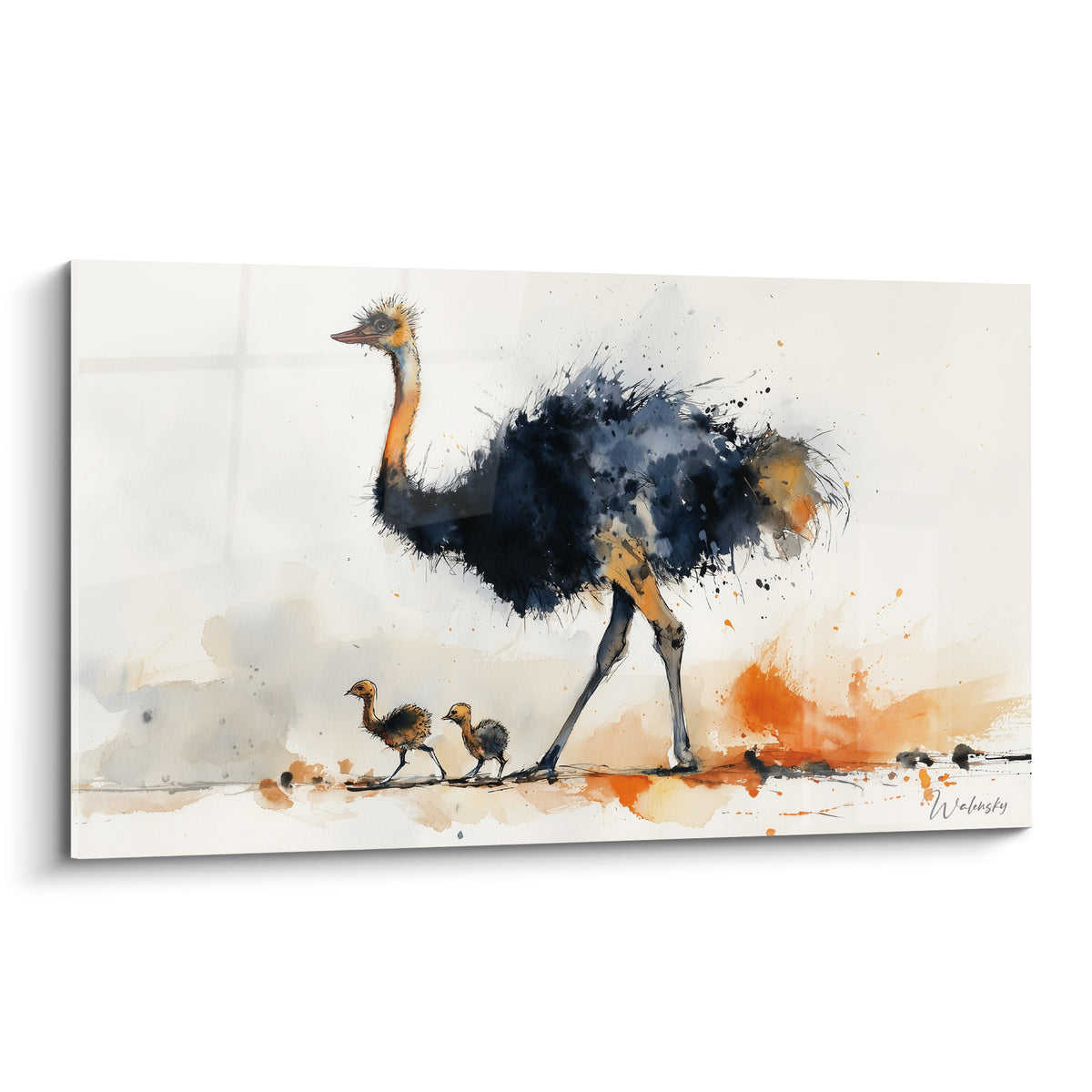 Autruche noire et orange marchant avec deux poussins fauves sur fond blanc cassé aquarelle
